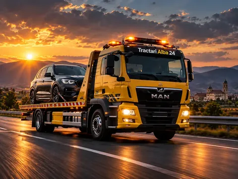 SUV încărcat pe platformă | Tractări Alba24 SUV încărcat pe platforma unei autospeciale de tractare