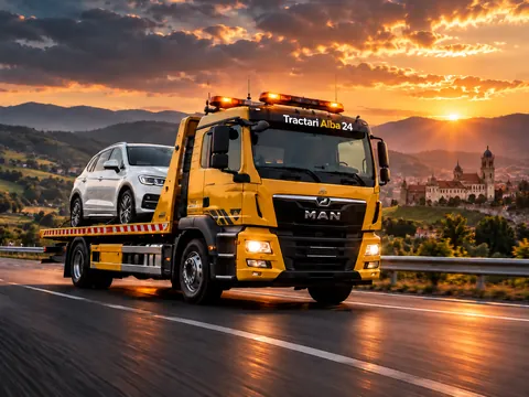 Transportul unui SUV pe platformă auto | Tractări Alba24 SUV gri deschis transportat pe o platformă auto
