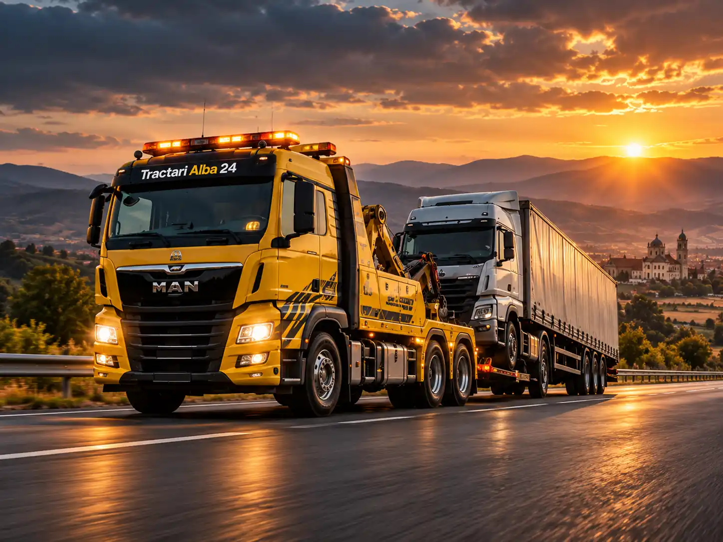 Autospecială galbenă de tractare care transportă un camion pe autostradă, la apus