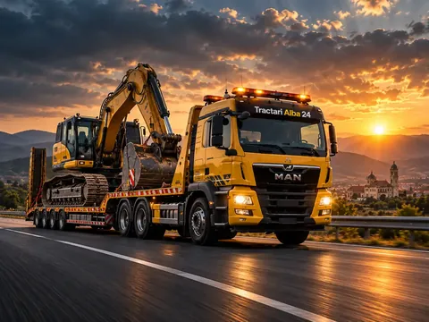 Transportul unui excavator pe trailer | Tractări Alba24 Excavator transportat pe trailer pentru utilaje